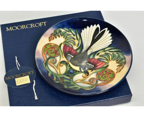 A BOXED MOORCROFT POTTERY PLATE, 'Fantail' pattern designed by Philip Gibson,C.2003, impressed backstamp, sticky label, signe