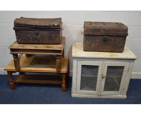 A VINTAGE PAINTED TWO DOOR MEAT SAFE, width 92cm x depth 62cm x height 76cm, together with two tin trunks, one marked Phaeton