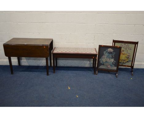 A GEORGIAN OAK PEMBROKE TABLE, together with a mahogany duet piano stool and two needlework firescreen (4)