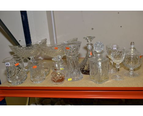 A PARCEL OF CUT GLASS ETC, to include a Webb Corbett ships decanter, a Stuart liquor decanter, pair of Waterford wine glasses