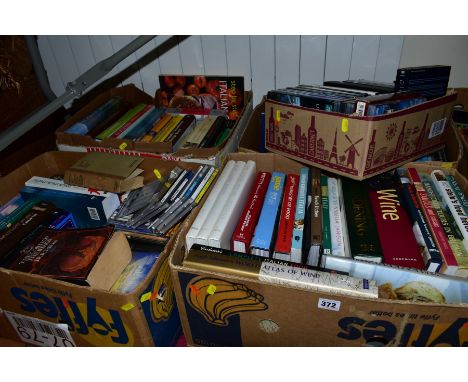 FIVE BOXES OF BOOKS, DVDS, CDS, ETC,  to include cookery, gardening, Dickens, Tolkien J R, 'The Lord of the Rings' paperback 