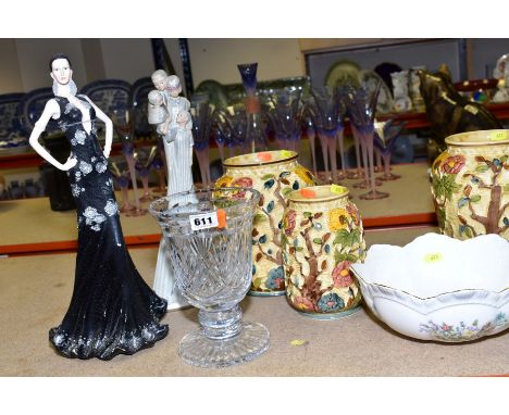 A GROUP OF CERAMICS AND GLASSWARE, including a cut glass pedestal vase, three H.J.Wood Indian Tree vases, two Killarney glass