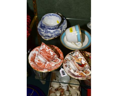 THREE ROYAL CROWN DERBY TEA CUPS AND SAUCERS AND TWO OTHER ITEMS, cups and saucers comprising Red Aves, Olde Avesbury and Fif