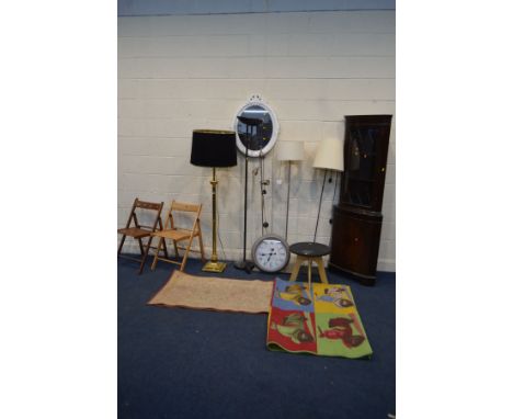 A QUANTITY OF OCCASIONAL FURNITURE, to include two folding chairs, brass column table lamp with shade, four other standard la