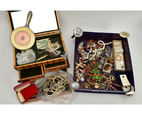 A SELECTION OF COSTUME JEWELLERY AND JEWELLERY BOX, to include items such as a silver 'Royal Albert Edward Infirmary' medal, 