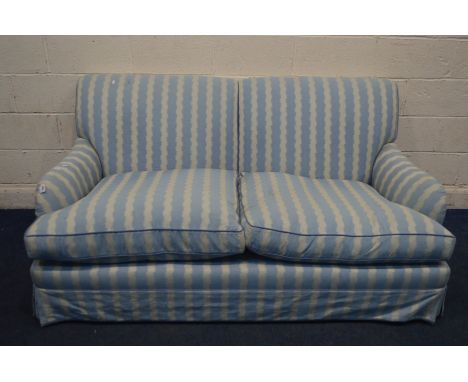 A MODERN HOWARD AND SONS STYLE STRIPPED BLUE AND WHITE TWO SEATER SOFA, width 180cm x depth 106cm (upholstery dirty)&nbsp; Co