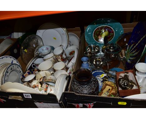 TWO BOXES OF CERAMICS, GLASSWARE, METALWARES, etc, including Wedgwood pale and dark blue jasperware, a three piece plated tea