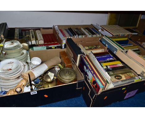 SEVEN BOXES OF BOOKS, CERAMICS, METALWARES, A FLOOR STANDING LAMP AND A DAVID SHEPHERD PRINT, including autobiographies, natu