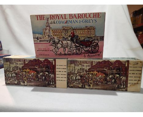 Three Paramount 1/30 scale plastic kits, V2 Royal Barouche with men and greys, and two 2A Lord Mayors coachmen, horses, harne