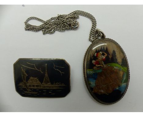 Sterling silver pendant necklace and brooch, both enamelled, chain L: 44 cm. UK P&amp;P Group 0 (£6+VAT for the first lot and