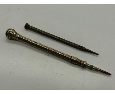 Two silver propelling pencils, one with agate top, broken mechanism to one. UK P&amp;P Group 1 (£16+VAT for the first lot and