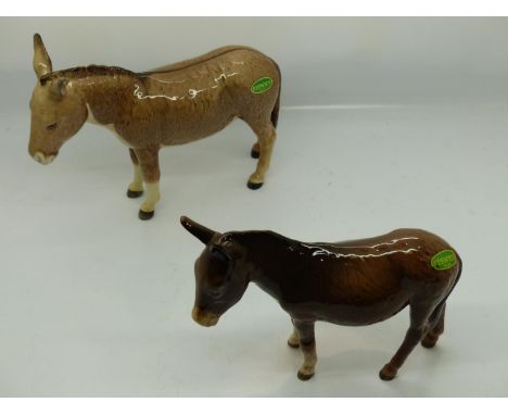 Two Beswick donkeys, no cracks or chips, largest H: 15 cm. UK P&amp;P Group 2 (£20+VAT for the first lot and £4+VAT for subse