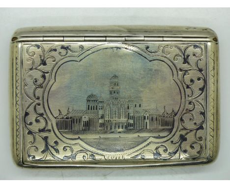 Russian silver table snuff box with Niello architectural decoration, 105 x 70 mm, 137g. UK P&amp;P Group 1 (£16+VAT for the f