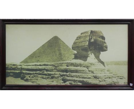 PHOTOGRAPHIC PRINT ON CANVAS, depicting an Egyptian scene with the Sphinx and pyramids, overall 146cm H x 267cm W including f