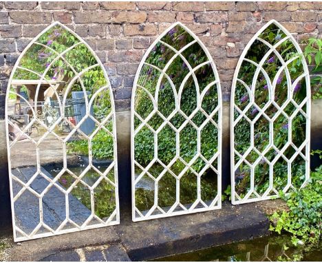 ARCHITECTURAL GARDEN MIRRORS, three, 132cm x 66cm, distressed metal framed. (3) 