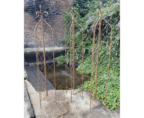 ARCHITECTURAL GARDEN OBILISKS, three, 180cm H, oxidised metal. (3) 