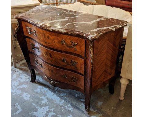 COMMODE, 97cm W x 77cm H x 44cm D Louis XV style tulipwood, marquetry and gilt metal mounted with a serpentine shaped marble 