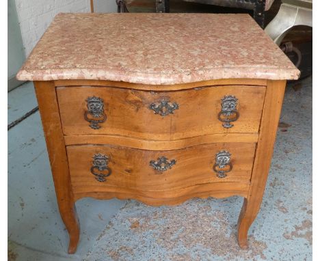 PETITE COMMODE, 76cm x 57cm x 80cm H, Louis XV walnut, circa 1750, with marble top and two serpentine drawers. 