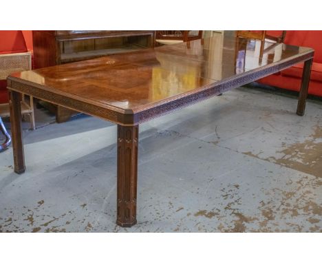 DINING TABLE, 75cm H x 118cm W x 194cm L, extended 298cm, Chippendale style burr veneered with parquetry top and two extra le