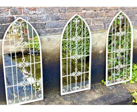 ARCHITECTURAL GARDEN MIRRORS, three, 95cm x 40cm, distressed metal framed. (3) 