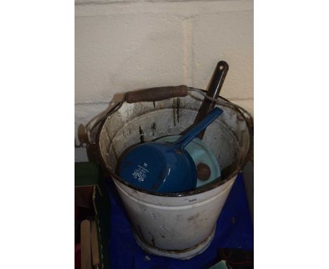 Enamel bucket and saucepans