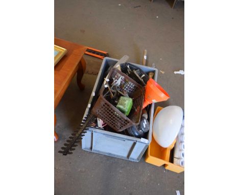 Box of assorted tools, garage clearance items etc together with a box of various curtain rings and other items (2)