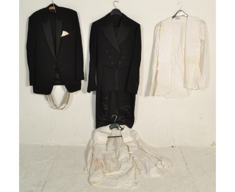 A small group of vintage clothing to include a gentleman's evening tail suit jacket and matching pair of trousers, a Burtons 