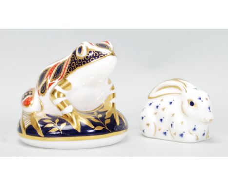 A Crown Derby paperweight in the form of a frog decorated with the Imari pattern together with a Crown Derby rabbit having gi