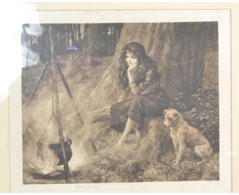 A large framed and glazed antique etching by Herbert Dixsee depicting a melancholy girl seated beside a dog. Copyright 1903 b