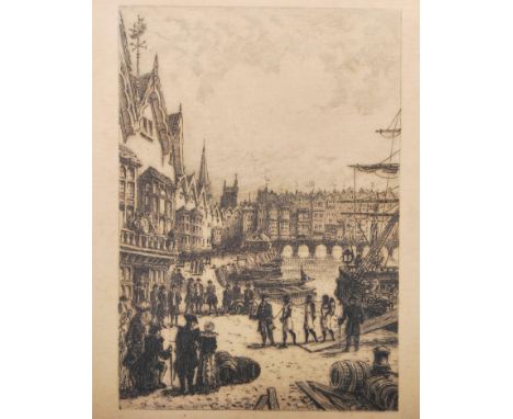 A 19th Century etching on paper depicting a dockyard scene with a moored ship with slaves disembarking, in front of a buildin