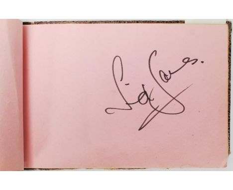 An original vintage autograph book owned by a lady from Bristol, which features the autographs of: Sid James (Carry On films)