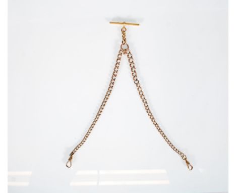 A 9ct gold curb link fob watch chain having a T bar to centre (later addition, gold plated) and a swivel clasp to each end. C