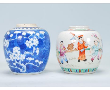 Two Chinese ginger jars to include a 19th Century jar of bulbous form hand painted with children playing in a garden scene, h