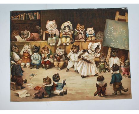 LOUIS WAIN - 1890's original Chromolithograph print of "The Cats' Academy, Mrs Tabitha's Class". A classic anthropomorphic sc