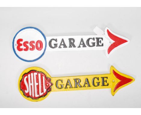 Two cast iron reproduction vintage style petrol garage signs to include Esso and Shell arrow signs with raised lettering fini
