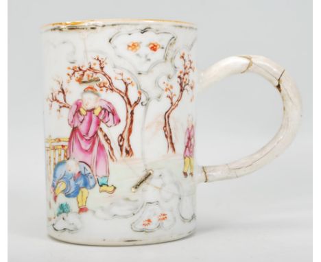 An 18th Century Chinese mug / cup of handled cylindrical form having hand enamelled decoration depicting a garden scene with 