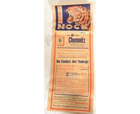 A vintage mid 20th Century East German Cold War Circus advertising poster, Circus Nock with pictorial tiger roaring, the post