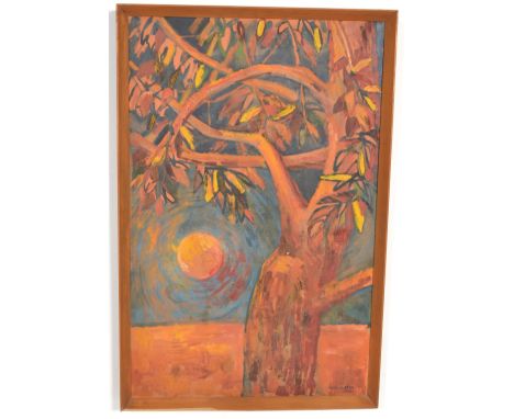 Faith Gibbon - A 1960's retro vintage oil on canvas painting of a tree in a dessert like landscape with a low sun behind in o