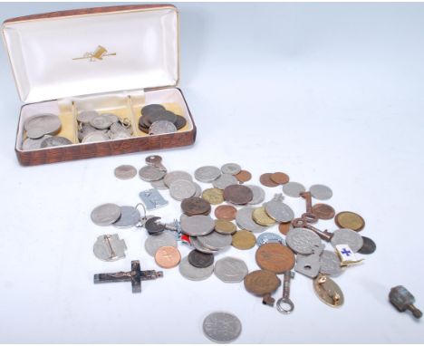 A collection of old coins to include silver shillings and crowns together with Victorian and Georgian pennies and other coins