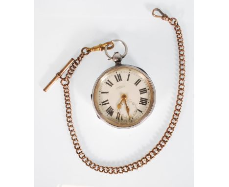 A silver hallmarked open faced pocket watch retailed at Harris Stone Leeds having a white enamelled face with subsidiary dial