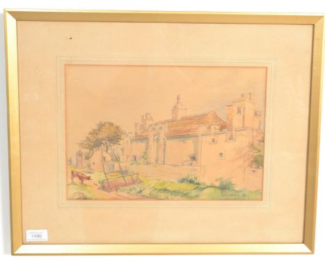 Hatherly - An early 20th Century 1930's watercolour painting on paper entitled ' On a Cotswold Farm ' depicting a farm house 