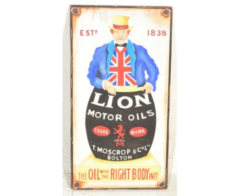 A contemporary artist's impression of a vintage enamel advertising sign on board for Lion Motor Oils T. Moscrop &amp; Co Ltd,