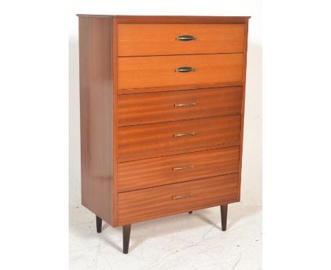 A retro 1950's / mid century teak wood pedestal chest of drawers. Raised on turned legs with a bank of 5 drawers in two tone 