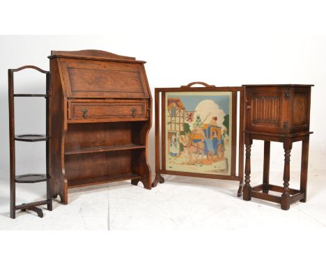 A good quality oak pot cupboard on stand. Raised on turned legs united by stretchers having linen fold cupboard door. Togethe