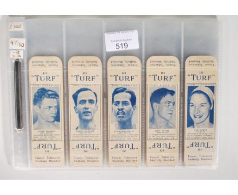 A set of vintage cigarette cards / slides, Carreras TURF, 50 Olympics 1948, set of 47 of 50 uncut cards on packets.&nbsp;