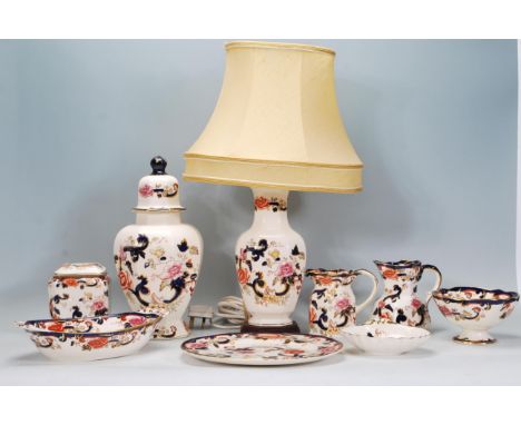 A group of 20th Century Mason's Mandalay pattern ceramics to include two hydra jugs, lamp base, faceted vase, plate, bowl, di