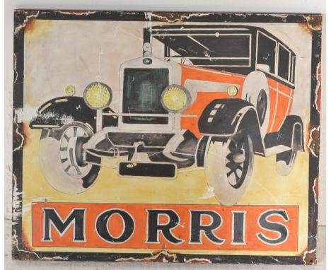 A contemporary artist's impression of a vintage enamel advertising sign on board for Morris depicting a classic motor vehicle