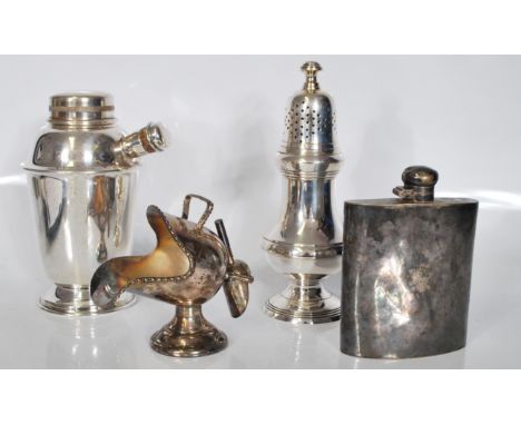 A small group of silver plate items to include a vintage cocktail shaker, sugar shaker, hip flask of rounded rectangular form