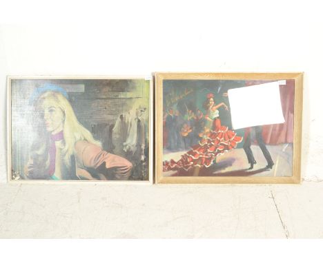 Two retro vintage framed prints to include; a couple flamenco dancing and a lady in 1970's attire with male figure in the bac
