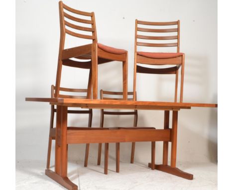 A mid century Danish teak wood and tile top large refectory dining table together with a set of 4 teak wood Danish manner din